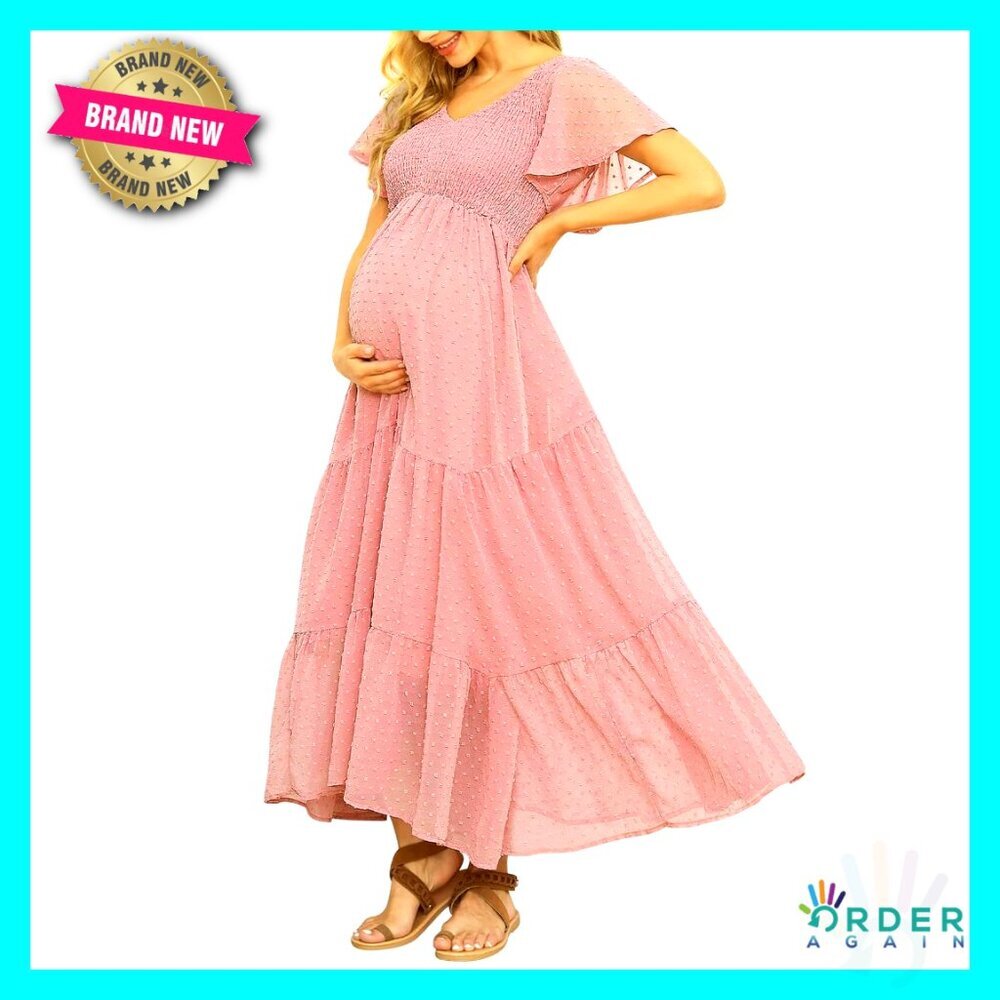 Swiss Dot Smocked Maternity Dress V Neck Ruffle Sleeve Boho Elegant Chic